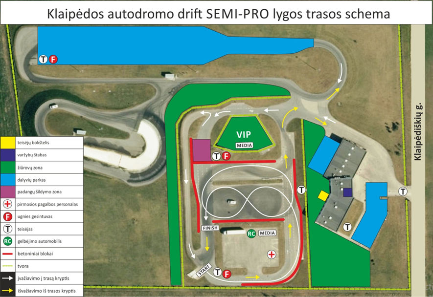 Klaipėdos autodromo drift SEMI-PRO lygos trasos schema su žiūrovų zonomis, dalyvių parku ir saugos ženklais (piešinys 2).