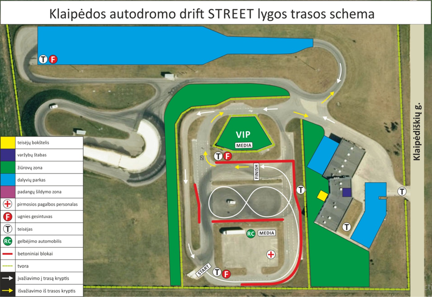 Klaipėdos autodromo drift STREET lygos trasos schema su žiūrovų zonomis, dalyvių parku ir saugos ženklais (piešinys 1).