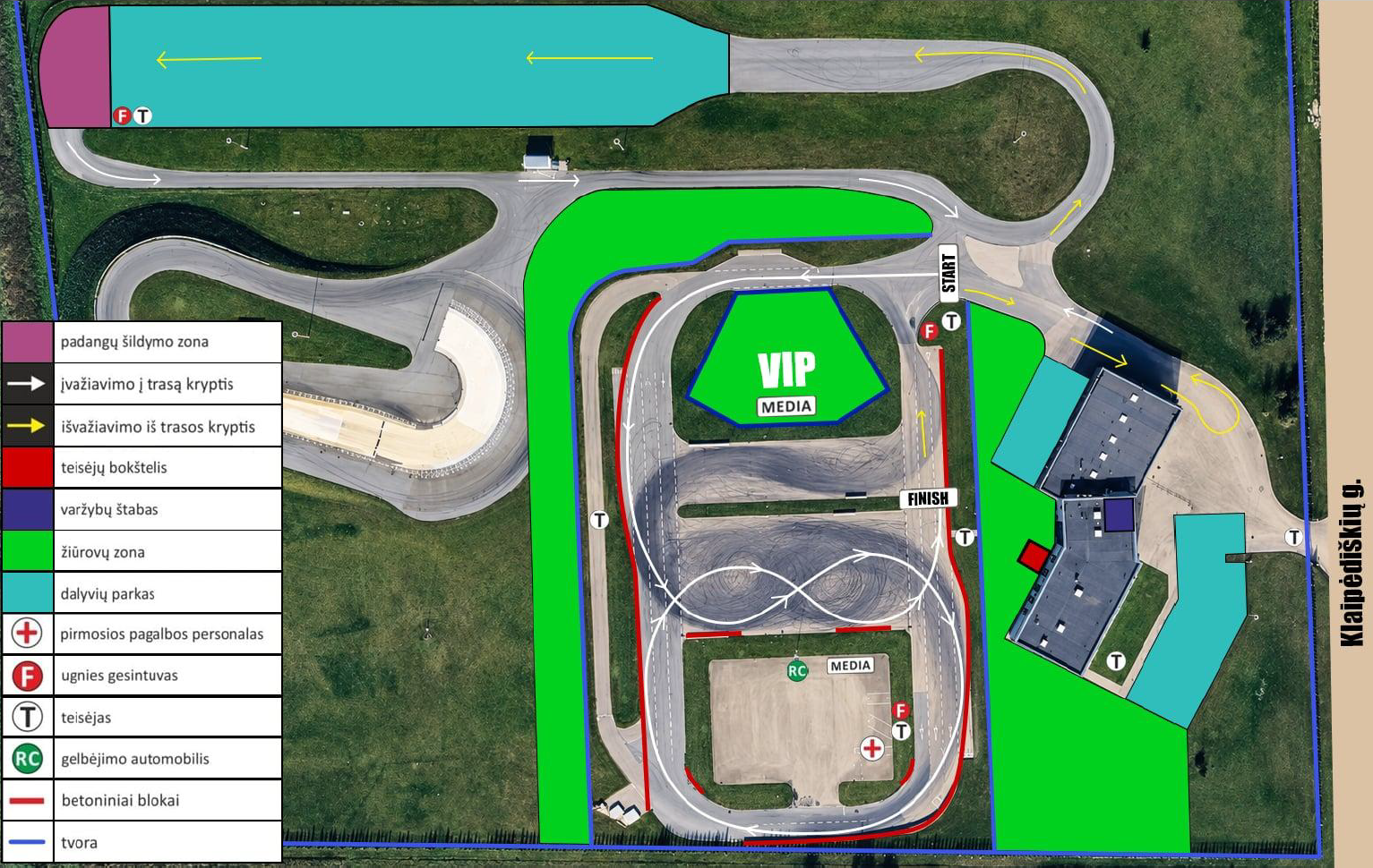 Klaipėdos autodromo drift SEMI-PRO lygos trasos schema su žiūrovų zonomis, dalyvių parku ir saugos ženklais (piešinys 2).