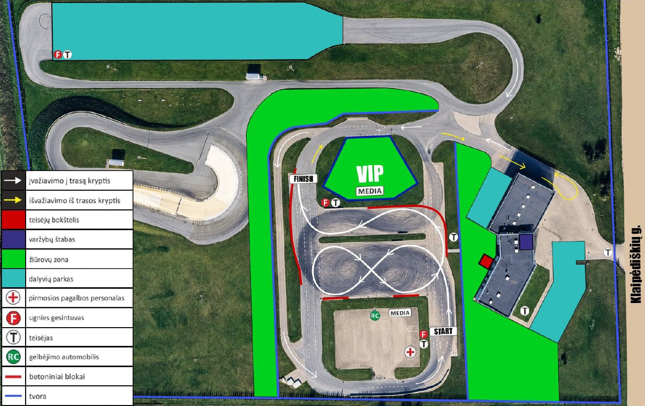 Klaipėdos autodromo drift STREET lygos trasos schema su žiūrovų zonomis, dalyvių parku ir saugos ženklais (piešinys 1).